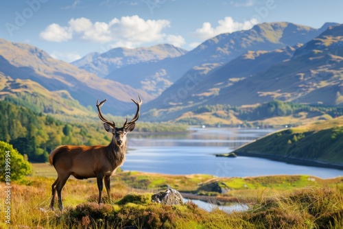 Majestic red deer stag standing on a hillside in the scottish highlands photo