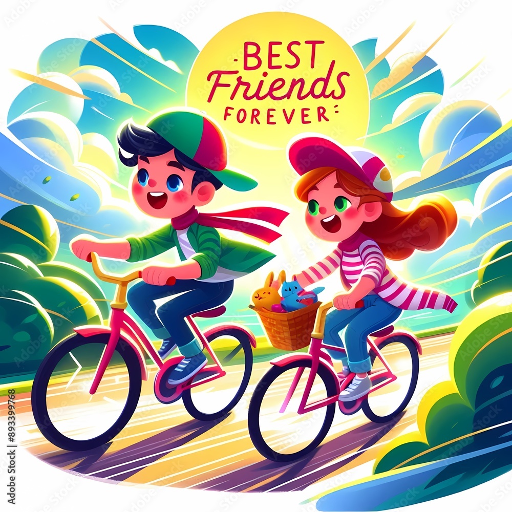 Cartoon friends riding bicycles on a sunny day – bright and vibrant colors, dynamic motion, Cartoon friends riding bicycles on a sunny day – bright and vibrant colors, dynamic motion,