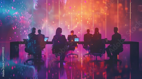Silhouettes of businesspeople working on laptops in a futuristic setting with vibrant colorful lights.