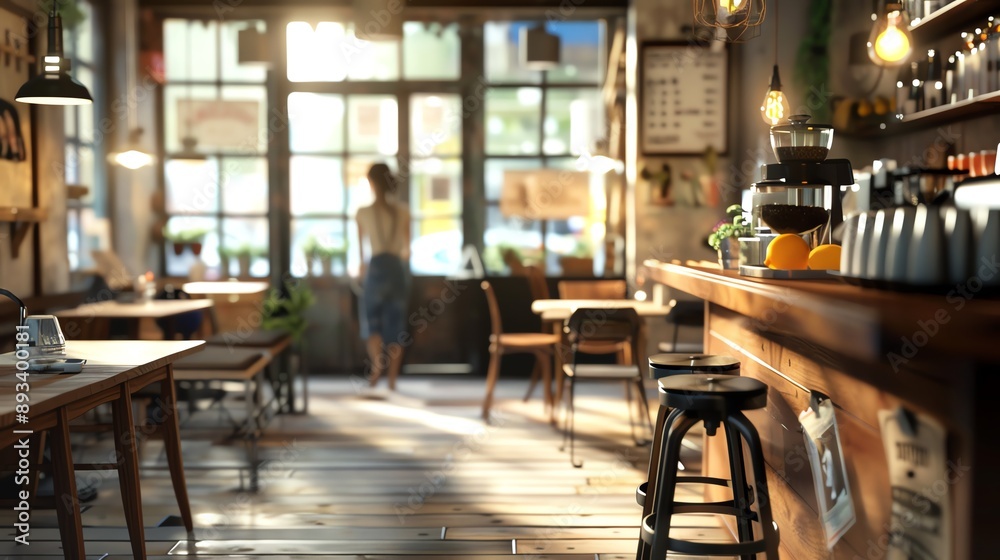 Sunlight streams through a large window in a cozy cafe, illuminating a lone woman gazing out. The rustic interior features wooden tables and chairs, and a bar stocked with bottles. Sunlight streams through a large window in a cozy cafe, illuminating a lone woman gazing out. The rustic interior features wooden tables and chairs, and a bar stocked with bottles.