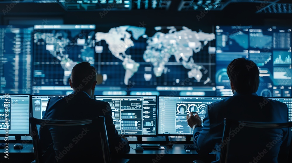 Two figures monitor a world map on a large screen in a dark, high-tech control room. Two figures monitor a world map on a large screen in a dark, high-tech control room.
