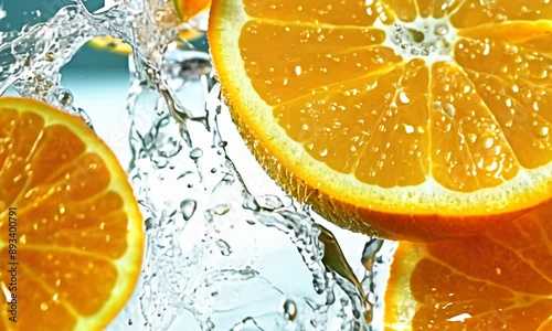 Super Slow Motion of Falling Orange Slices into Water. Filmed on High Speed Cinema Camera, 1000fps, Placed on High Speed Cine Bot. Camera in Motion, Following Objects Video 4K