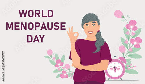 World Menopause Day. Medicine concept. Woman with clock. Vector illustration.	