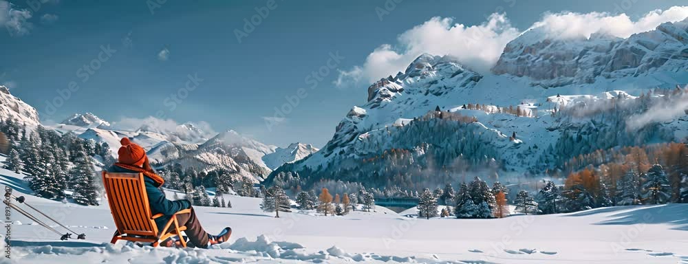 Resting carefree snowboarder with snowboard sitting in chair on powder snow at ski resort Resting carefree snowboarder with snowboard sitting in chair on powder snow at ski resort