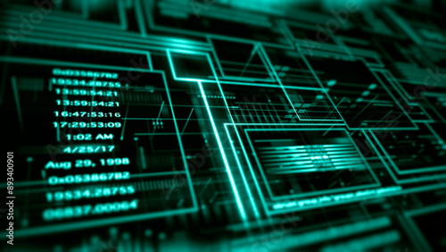 4K Futuristic background with digital data code and HUD elements. Perfect for text titles and horizontal displays.