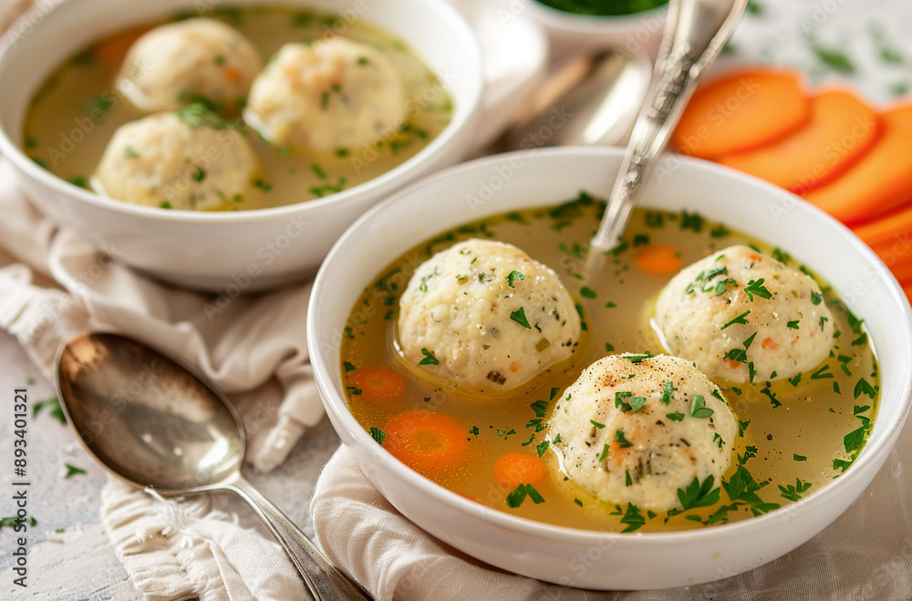 Two Bowls of Matzah Ball Soup with Carrots and Fresh Herbs Two Bowls of Matzah Ball Soup with Carrots and Fresh Herbs