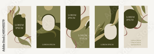 Set of natural style templates for banners, flyers, stories, brochures, web and social media posts. Organic design. Foliage, plants abstract shapes. Vector flat illustrations. EPS 10. Organic cosmetic