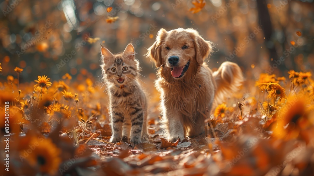 Golden Retriever and Cat in Autumn Golden Retriever and Cat in Autumn