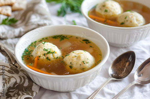 Two Bowls of Matzah Ball Soup with Carrots and Fresh Herbs photo