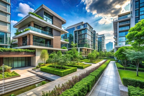 Modern residential architectural landscape in Shenzhen, China featuring sleek design, lush greenery, and clean lines, architectural, landscape, sleek, modern, residential