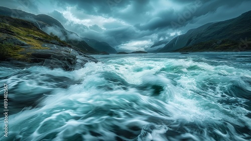 Waves of water of the river and the sea meet each other during high tide and low tide. Whirlpools of the maelstrom of Saltstraumen, Nordland, Norway 