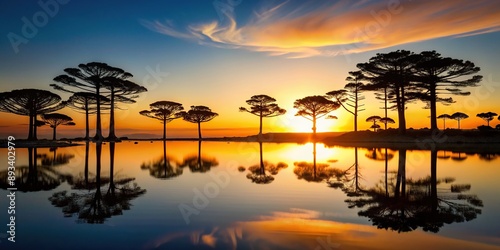 Araucarias silhouetted against the light with reflections, trees, backlighting, sunlight, landscape, shadows