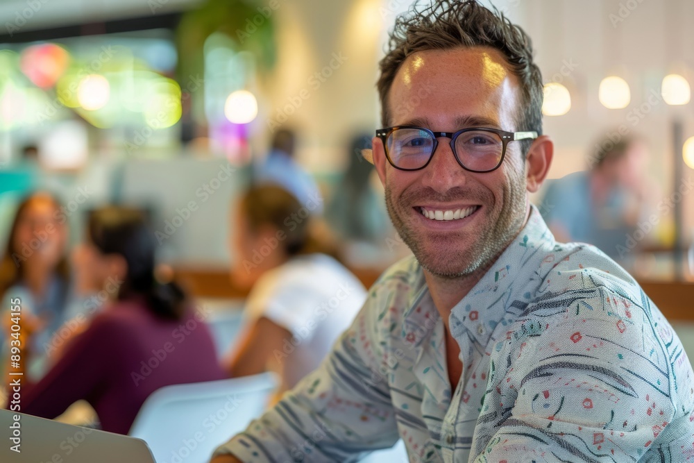Professional Man with Glasses Smiling and Working in a Cozy Café Professional Man with Glasses Smiling and Working in a Cozy Café
