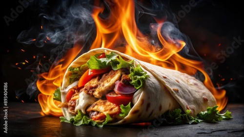 Savory chicken shawarma wrap on black background with billowing smoke and flames, evoking mouthwatering allure in high-contrast commercial image.