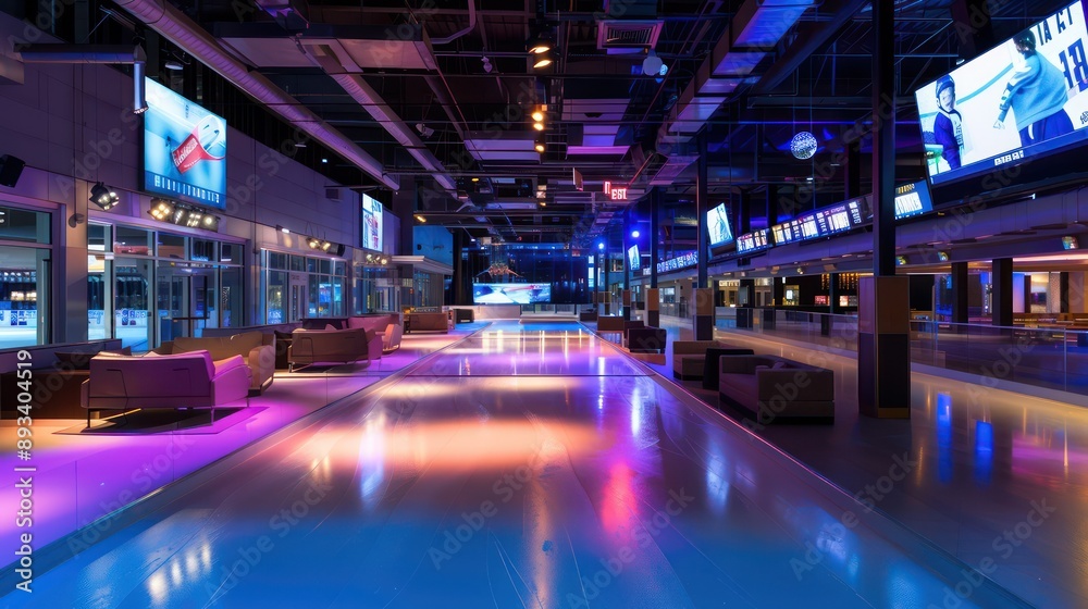 corporate ice rink for team-building activities, with LED lighting, lounge areas, and digital scoreboards corporate ice rink for team-building activities, with LED lighting, lounge areas, and digital scoreboards
