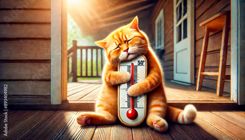 a cat sitting on a wooden floor, exhausted by the heat with an expression of fatigue, hugging a huge thermometer with a temperature of 50 and the sun shining from above