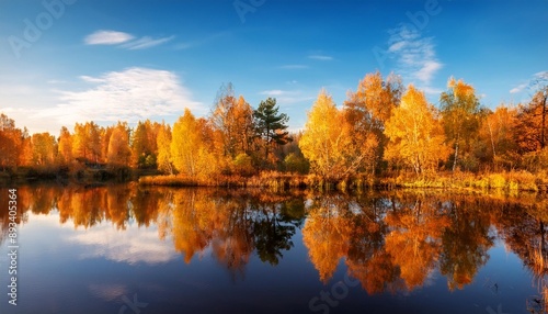 moscow region golden autumn beautiful autumn landscape with reflection of trees in water © Mary