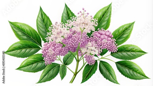 Delicate purple elderberry flowers with lush green leaves and stems isolated on a transparent background in a whimsical illustration.