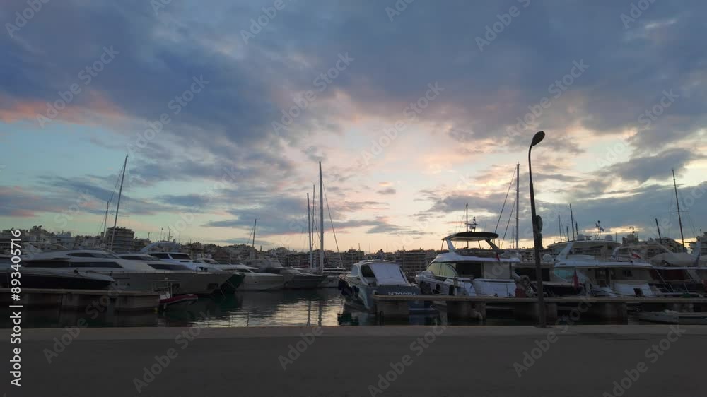 Marina port with boats yachts in Piraeus Athens, Greece at sunset, beautiful sky Marina port with boats yachts in Piraeus Athens, Greece at sunset, beautiful sky