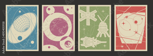 Spacecraft, Probe, Earth, Moon. Vector Templates for Cosmic Posters, Covers, Illustrations. Retro Space Background Set, 1950s - 1960s Colors and Shapes, 