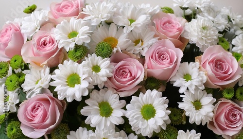 horizontal flower arrangement delicate tea hybrid roses of pink color and white the chamomile chrysanthemums with a green core bacardi variety © Mary
