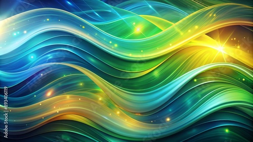 Vibrant wavy shapes in shimmering hues of blue, green, and yellow undulate across a mesmerizing abstract background evoking dynamic energy.