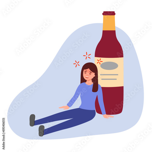 Drunk woman sitting beside alcohol wine bottle in flat design.