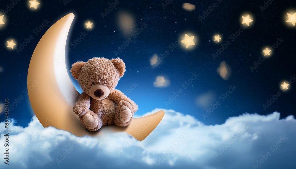 teddy bear sleeping on glowing crescent moon in starry night with ...