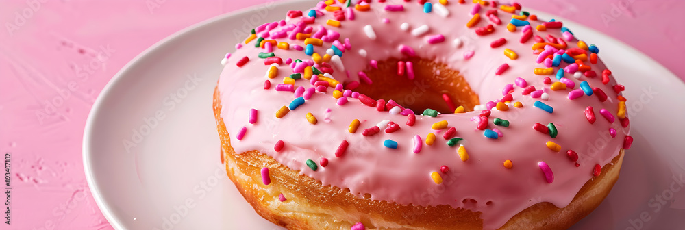 Irresistible Pink Glazed Donut with Colorful Sprinkles on White Plate in Pastel Setting