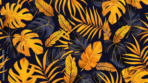 Yellow tropical exotic leaves or plant pattern for summer background and beach wallpaper. Abstract tropical pattern with bright plants and leaves on a dark background. Jungle leaf floral background. © pijav4uk