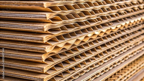 Macro view of corrugated cardboard cross-section reveals layers of fluted paper sandwiched between linerboards in stacked folded cartons.