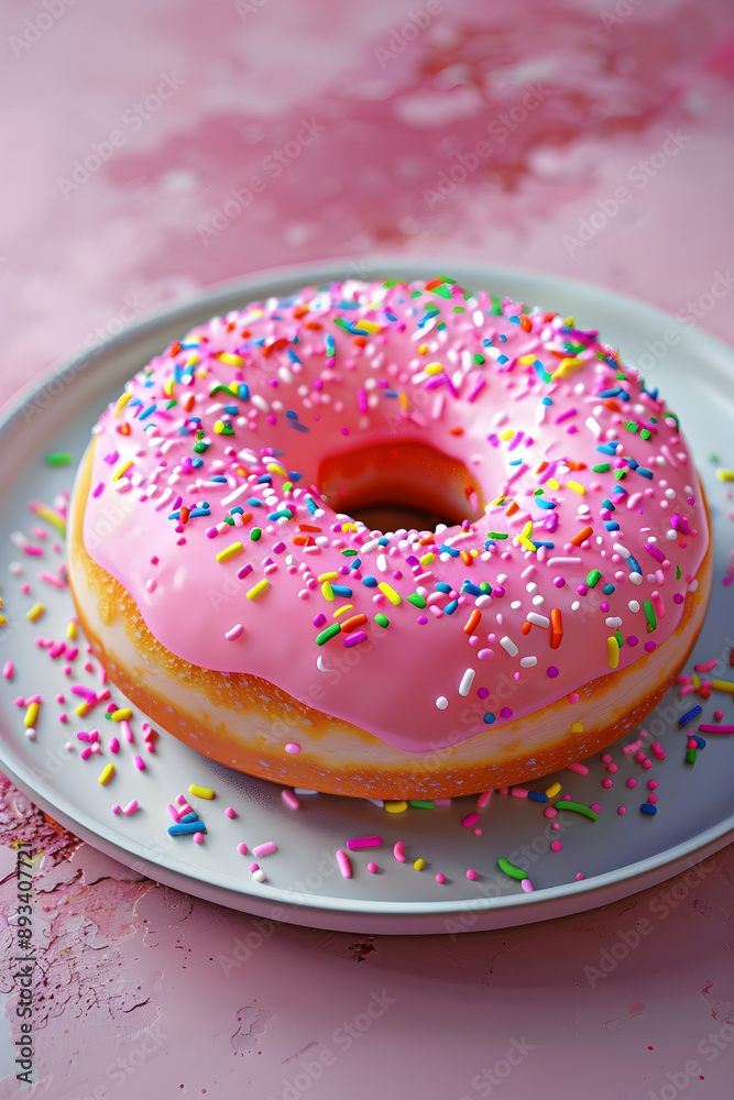 Irresistible Pink Glazed Donut with Colorful Sprinkles on White Plate in Pastel Setting Irresistible Pink Glazed Donut with Colorful Sprinkles on White Plate in Pastel Setting