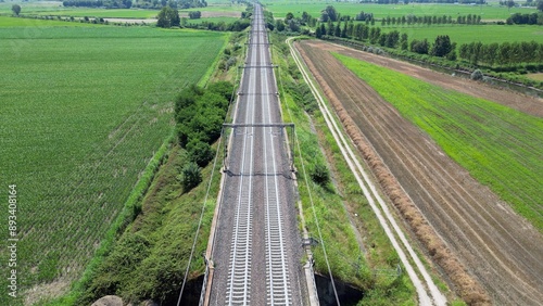Obraz na płótnie Europe, Italy , Milan - Frecciarossa Hight speed 300km h train railway from Milan to Rome view from the drone - the faster way to travel in Italy for tourist and passengers - tourist destination w salonie