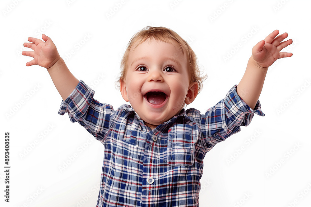 The young child looks ecstatic, with arms lifted in delight, a wide grin, and a cheerful expression The young child looks ecstatic, with arms lifted in delight, a wide grin, and a cheerful expression