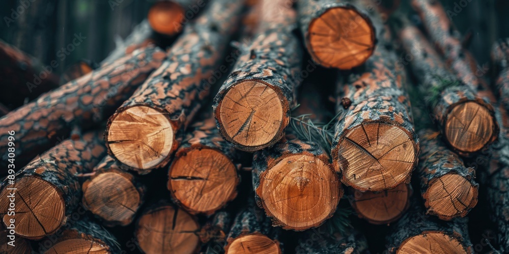 A stack of logs resting on the forest floor, surrounded by trees and foliage A stack of logs resting on the forest floor, surrounded by trees and foliage