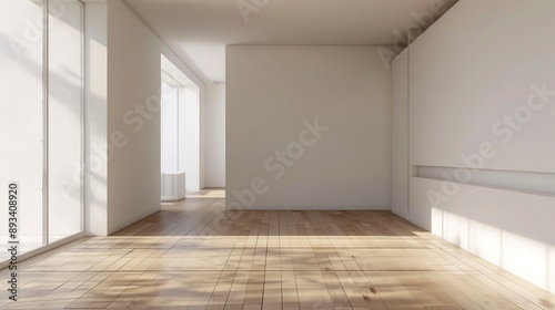 Modern empty room with wooden floor and large white plain wall