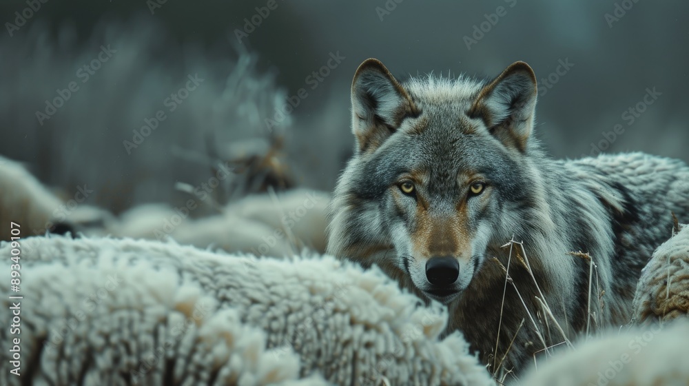 Fototapeta premium Lone wolf blending in with sheep, eyes glowing with cunning and hunger, creating a tense atmosphere