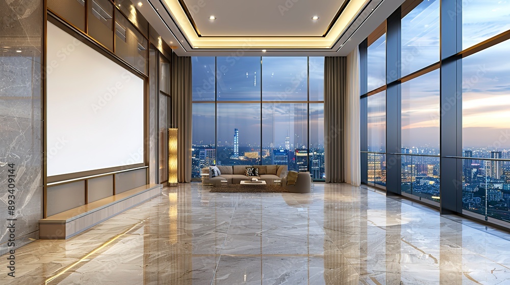 A luxurious interior of a high raise mansion with a blank white board and granite flooring