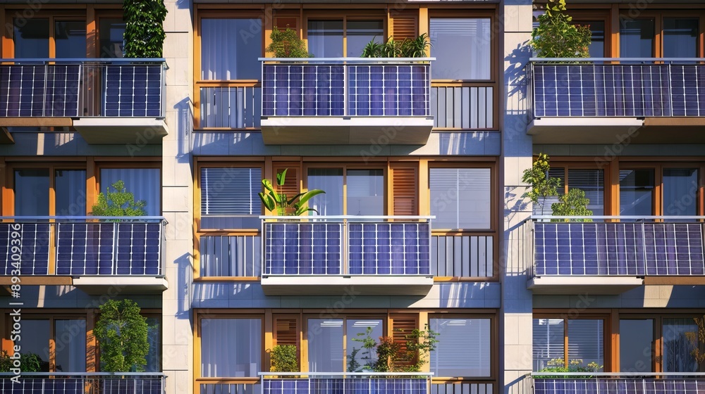 Modern Facade of Multifamily Building with Mini Solar Panel Energy System or Small Photovoltaic Plant on Balcony Railings in Apartments. Modern Facade of Multifamily Building with Mini Solar Panel Energy System or Small Photovoltaic Plant on Balcony Railings in Apartments.