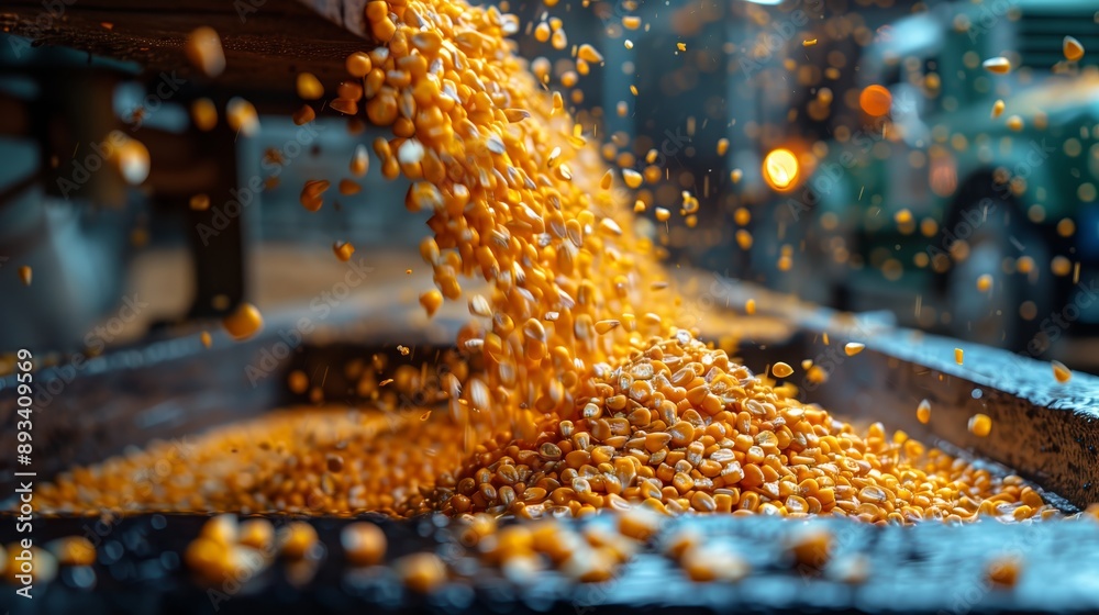 Close-up shot capturing the dynamic process of corn kernels being harvested. The image focuses on the freshly collected golden kernels as they are poured onto a metal surface Close-up shot capturing the dynamic process of corn kernels being harvested. The image focuses on the freshly collected golden kernels as they are poured onto a metal surface