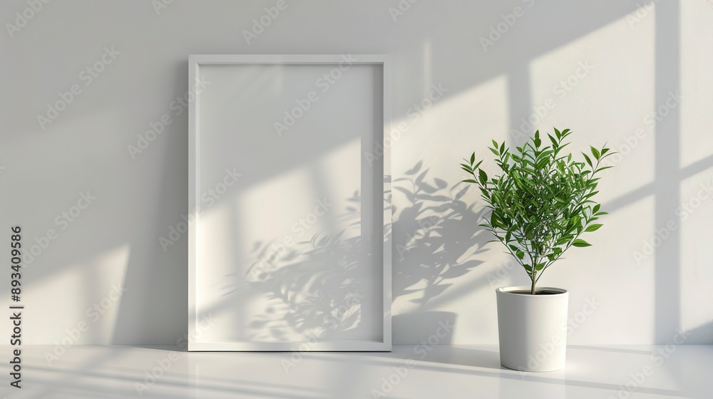 photo frame mockup interior with small green plant 