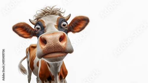 a crazy funny cow looking into the camera, funny animals, on a white background, copy space for text