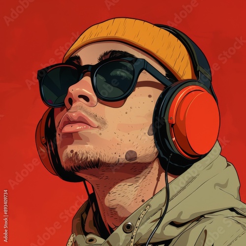 Stylish Young Man with Headphones and Beanie in 90s Illustration Style