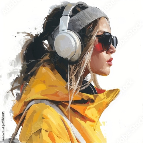 Stylish Young Woman with Headphones and Beanie in Winter Wear in 90s Style