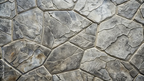 Weathered, rustic, grey stone patterned stamped concrete texture featuring irregular shapes and subtle shading for industrial or modern design.