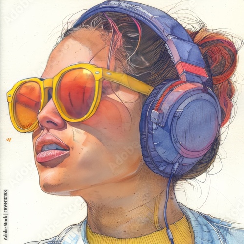 Trendy Young Woman with Colorful Headphones and Sunglasses in 90s Style