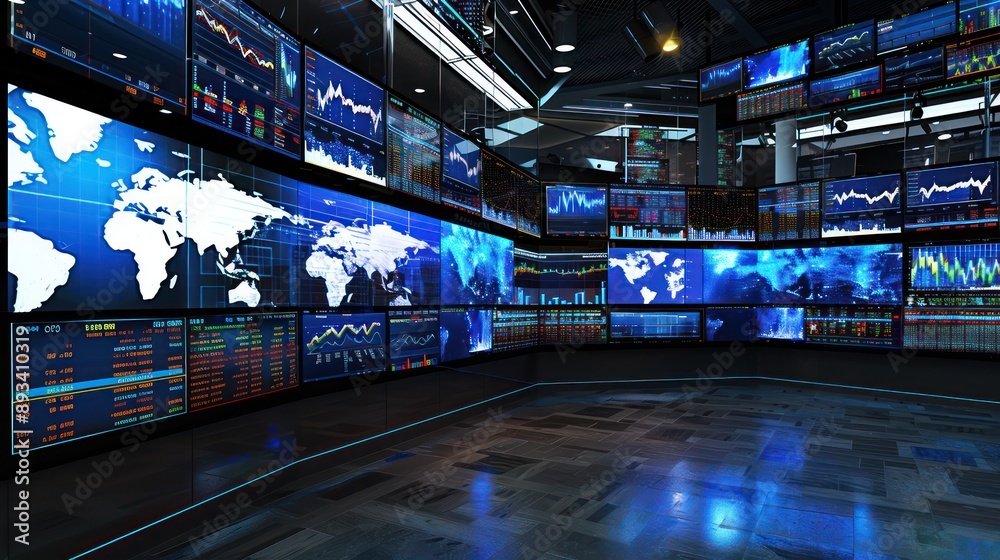 corporate media room with multiple screens displaying global markets and news feeds