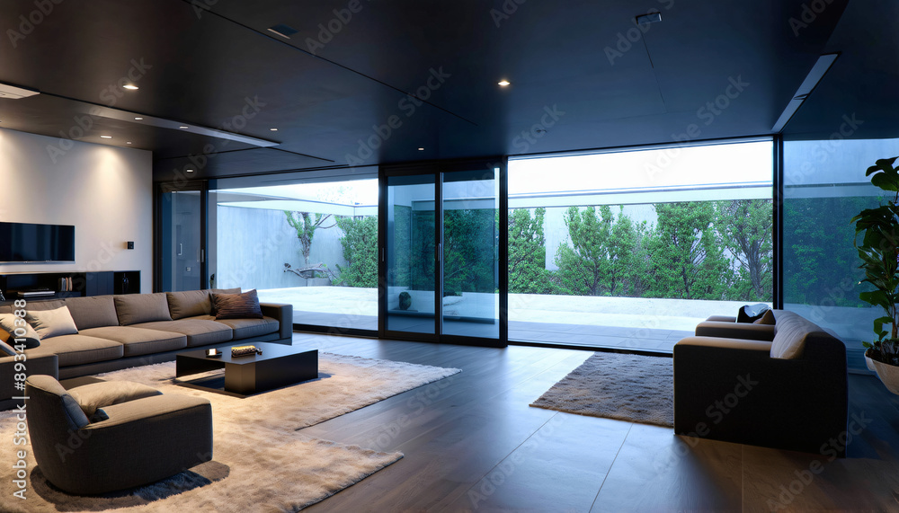 Modern futuristic home with AI appliances and smart furniture