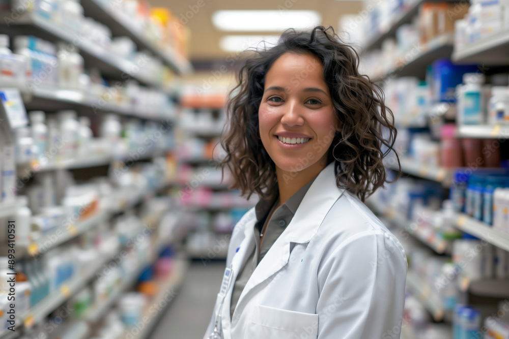 A friendly and professional pharmacist is ready to provide assistance in the pharmacy aisle A friendly and professional pharmacist is ready to provide assistance in the pharmacy aisle