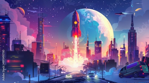 Modern banner depicting a rocket launch for a startup business, highlighting innovation in a vibrant city setting.